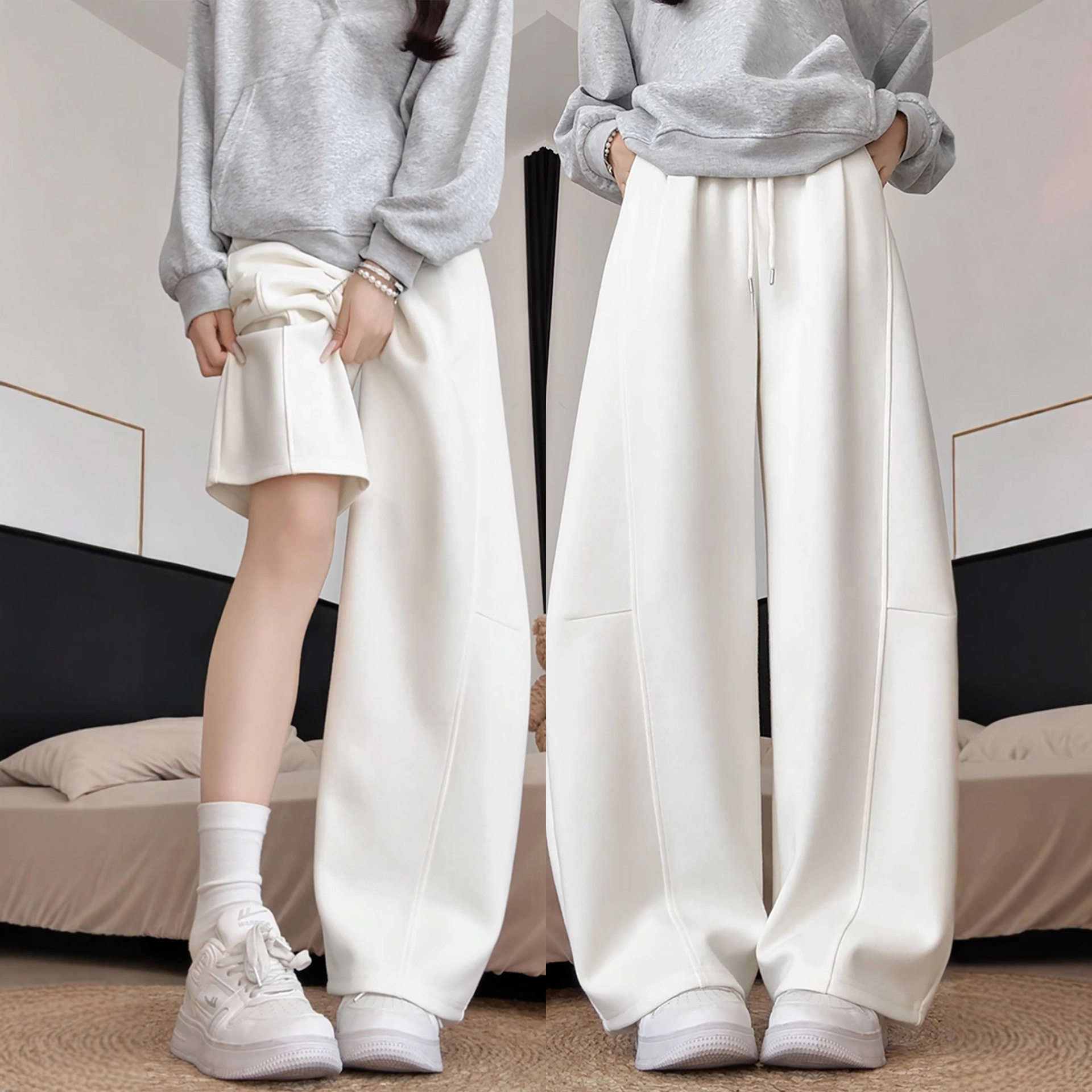 白色弯刀阔腿裤女春秋2026新款薄款卫裤小个子宽松大码休闲运动裤