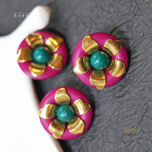 29mm深绿紫金属花朵 1950s西德古董树脂金属纽扣 仅6 古典花朵