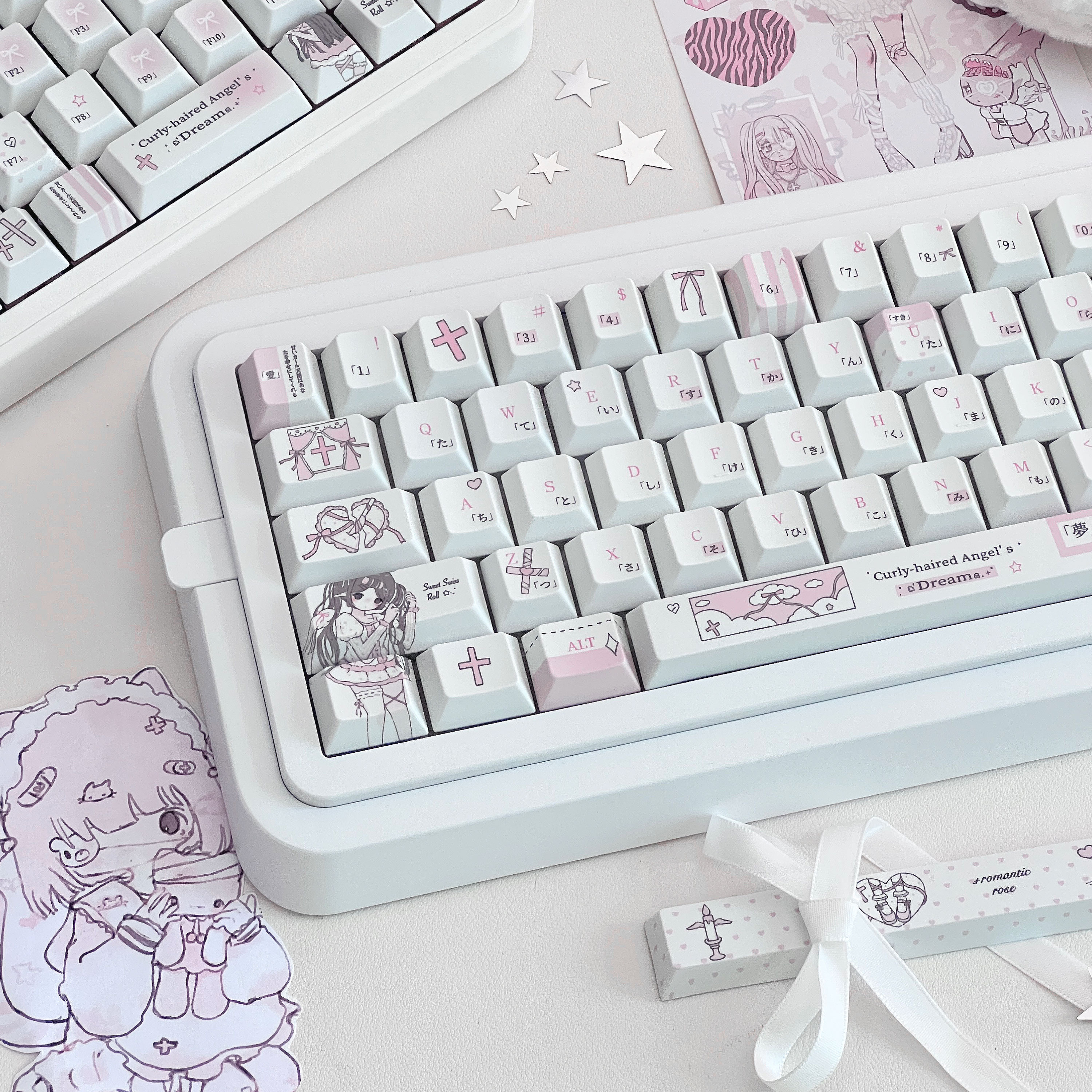 卷发天使 粉色少女可爱键帽原厂高度PBT五面热升华客制化机械键盘