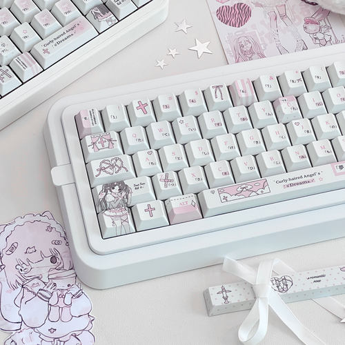 卷发天使 粉色少女可爱键帽原厂高度PBT五面热升华客制化机械键盘