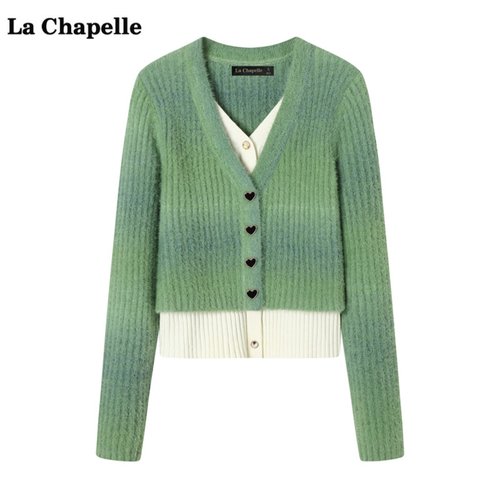 拉夏贝尔/La Chapelle假两件V领针织衫女秋冬季新款显瘦毛衣上衣