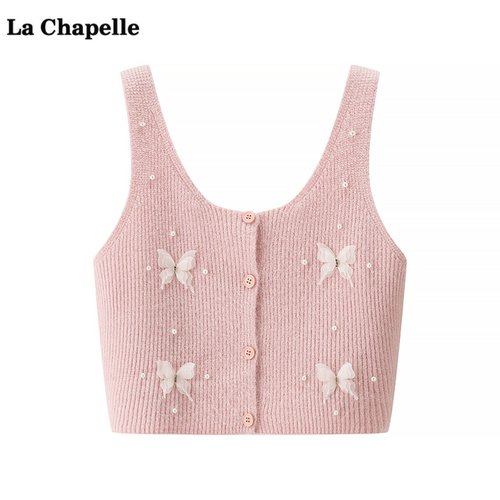 拉夏贝尔/La Chapelle蝴蝶结钉珠针织背心女秋季叠穿吊带马甲上衣