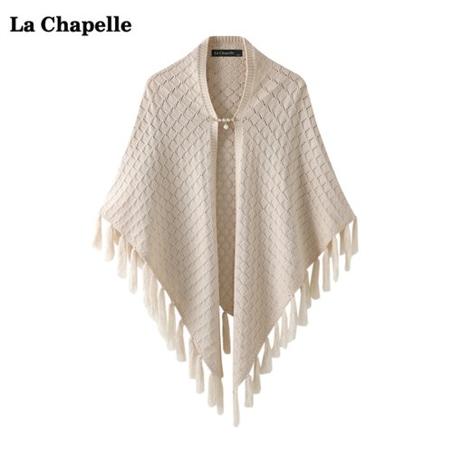 拉夏贝尔LaChapelle菱格流苏针织披肩女复古宽松空调外搭三角开衫