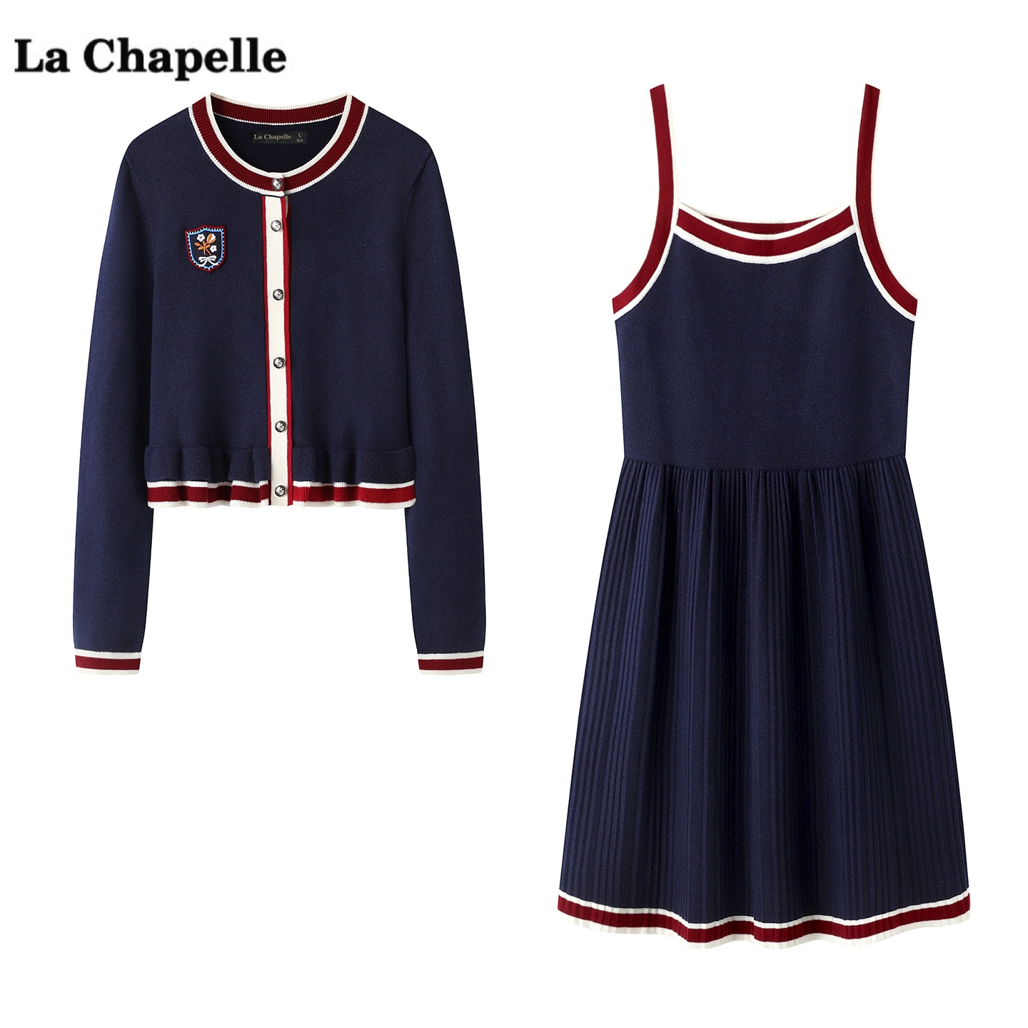 拉夏贝尔/La Chapelle针织开衫背心连衣裙两件套女秋季时尚套装