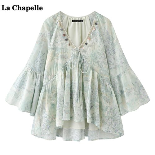 拉夏贝尔/La Chapelle 波西米亚晕染V领雪纺衫女夏季新款宽松上衣