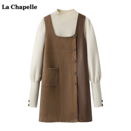 拉夏贝尔/La Chapelle针织衫方领背心连衣裙女冬季新款时尚套装