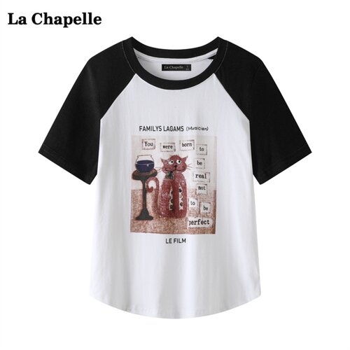 拉夏贝尔/La Chapelle圆领小猫印花短袖T恤女夏新款宽松百搭上衣