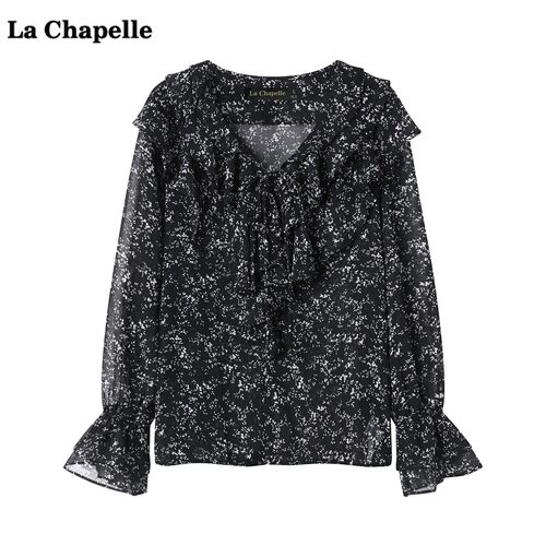 拉夏贝尔/La Chapelle法式气质碎花衬衫女秋季新款v领雪纺上衣