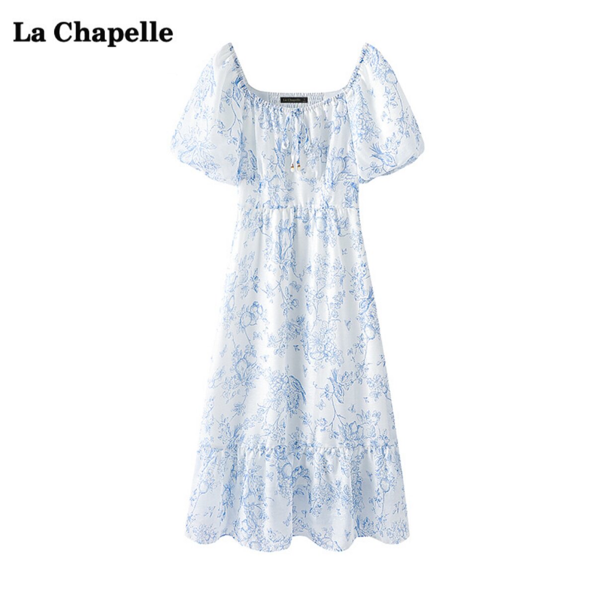 拉夏贝尔/la chapelle泡泡袖碎花连衣裙女夏季气质方领中长款裙子