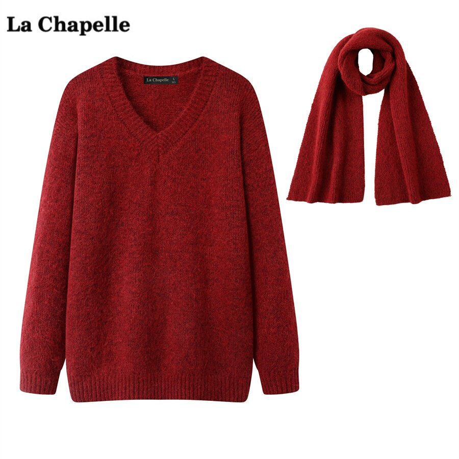 拉夏贝尔/La Chapelle红色温柔V领毛衣女冬季新款宽松针织衫上衣