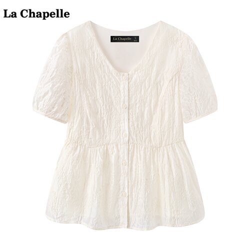 拉夏贝尔/La Chapelle法式刺绣短袖衬衫女夏季新款气质宽松上衣