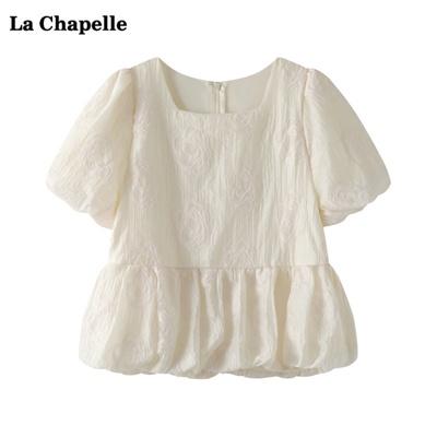 拉夏贝尔LaChapelle方领泡泡短袖衬衫女夏季新款宽松百搭小衫上衣