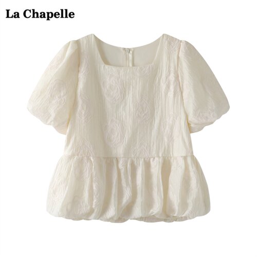 拉夏贝尔LaChapelle方领泡泡短袖衬衫女夏季新款宽松百搭小衫上衣