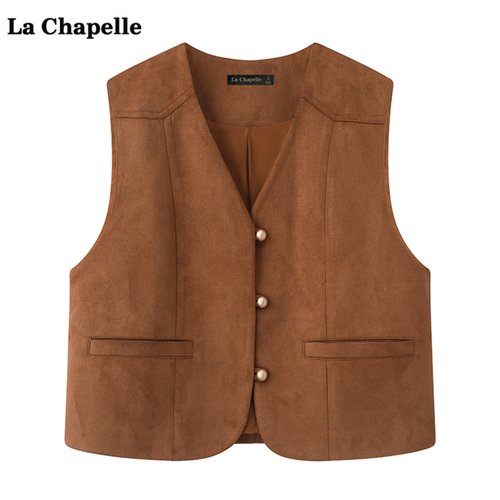拉夏贝尔/La Chapelle棕色麂皮绒背心马甲女秋季新款马夹外套上衣