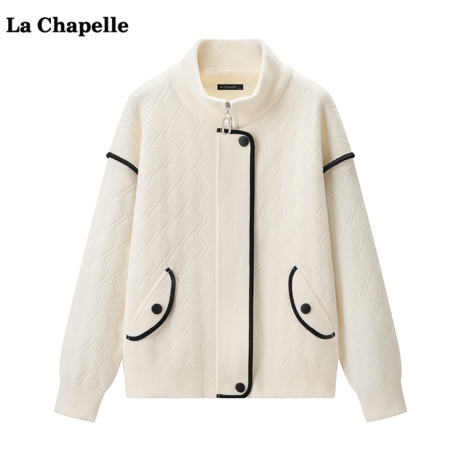 拉夏贝尔/La Chapelle韩系撞色针织开衫外套女秋冬季新款毛衣上衣