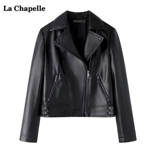 拉夏贝尔/La Chapelle复古机车黑色皮衣女春季新款柔软短款外套
