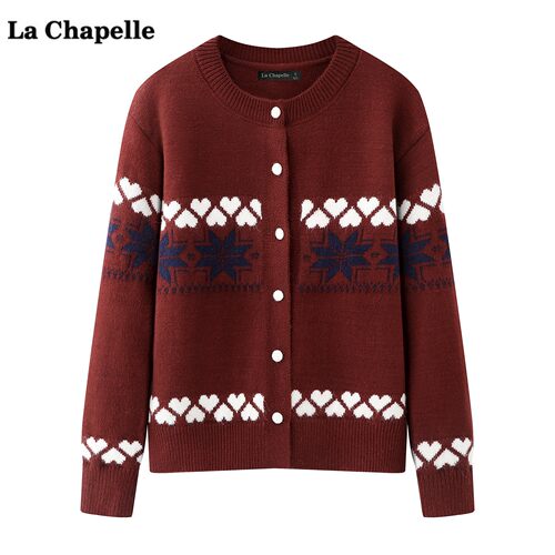 拉夏贝尔/La Chapelle红色费尔岛针织开衫女冬季新款宽松毛衣上衣