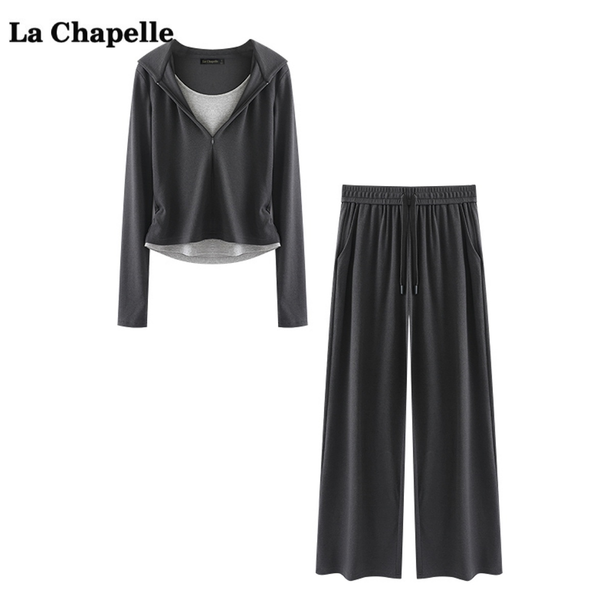拉夏贝尔/La Chapelle假两件卫衣休闲裤两件套女秋季新款时尚套装