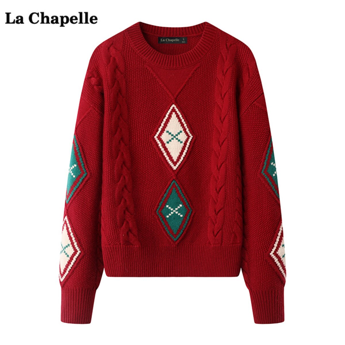拉夏贝尔/La Chapelle红色休闲菱格针织衫女冬季新款圆领宽松毛衣