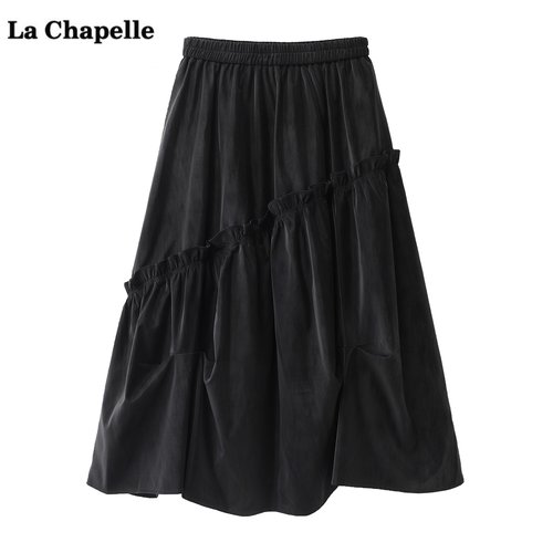 拉夏贝尔/La Chapelle黑色高腰花苞半身裙女冬季新款中长款a字裙
