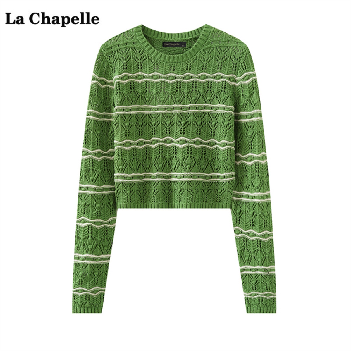 拉夏贝尔/La Chapelle绿色条纹镂空针织衫女春季新款辣妹风短上衣