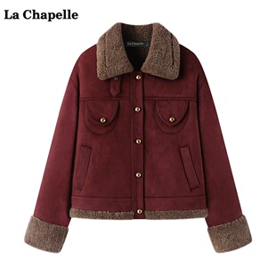 拉夏贝尔/La Chapelle羊羔毛拼接短外套女冬季新款宽松保暖上衣