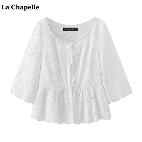拉夏贝尔/La Chapelle气质白色镂空衬衫女夏季新款七分袖系带上衣