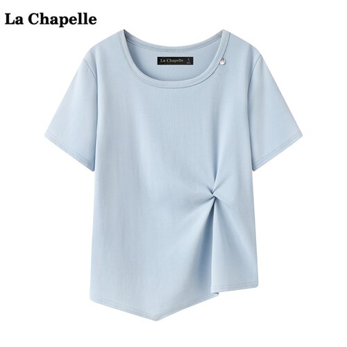 拉夏贝尔/La Chapelle气质百搭短袖T恤女夏新款正肩圆领宽松上衣