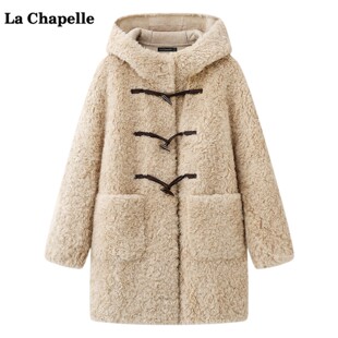 拉夏贝尔/La Chapelle高级感连帽毛毛外套女冬季新款中长款上衣