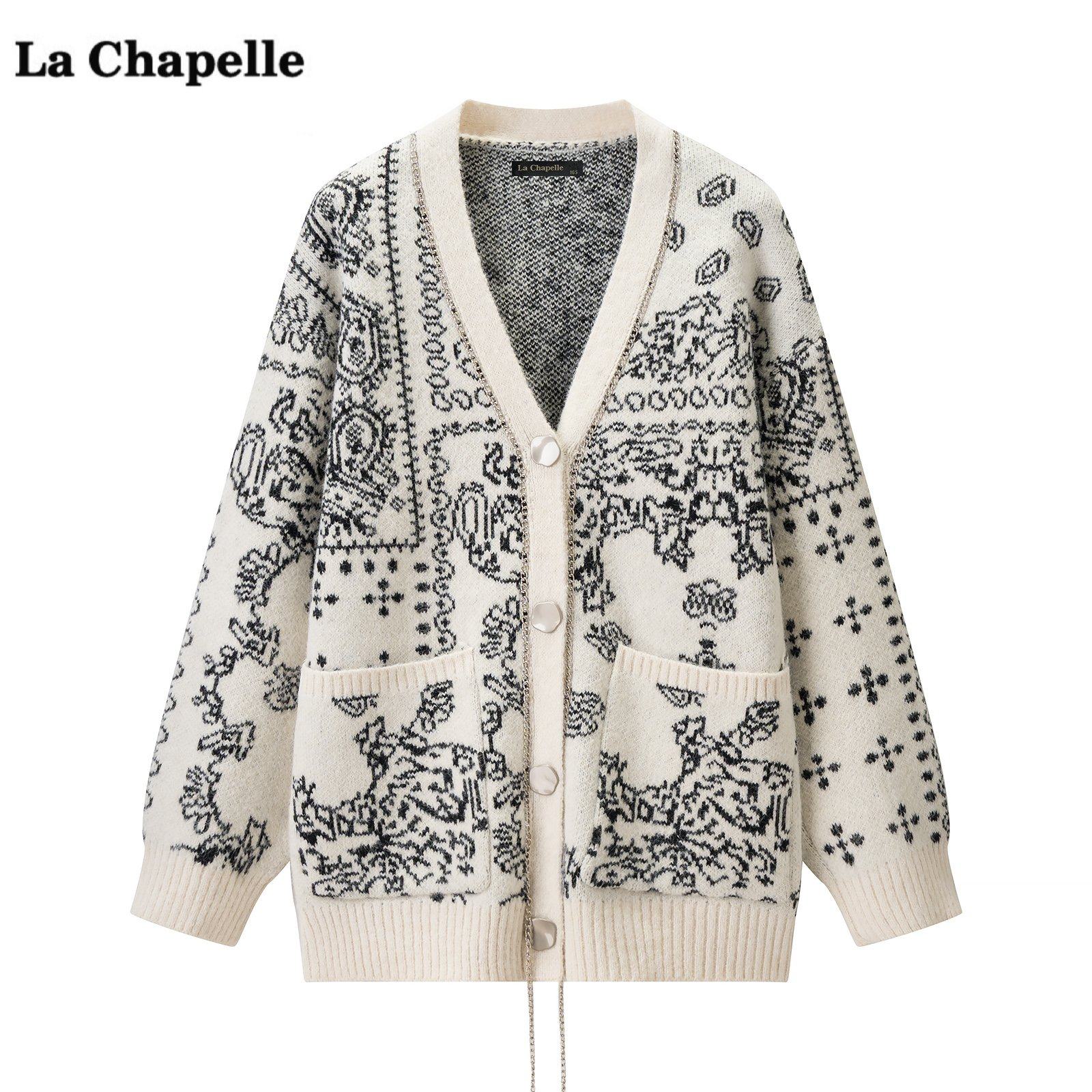 拉夏贝尔/La Chapelle复古提花V领针织开衫女秋冬季新款宽松毛衣,女装/女士精品,毛针织衫,淘宝优惠券,粉丝福利购,淘宝优惠卷