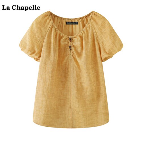 拉夏贝尔/La Chapelle气质V领薄款衬衫女夏季新款泡泡袖衬衣小衫