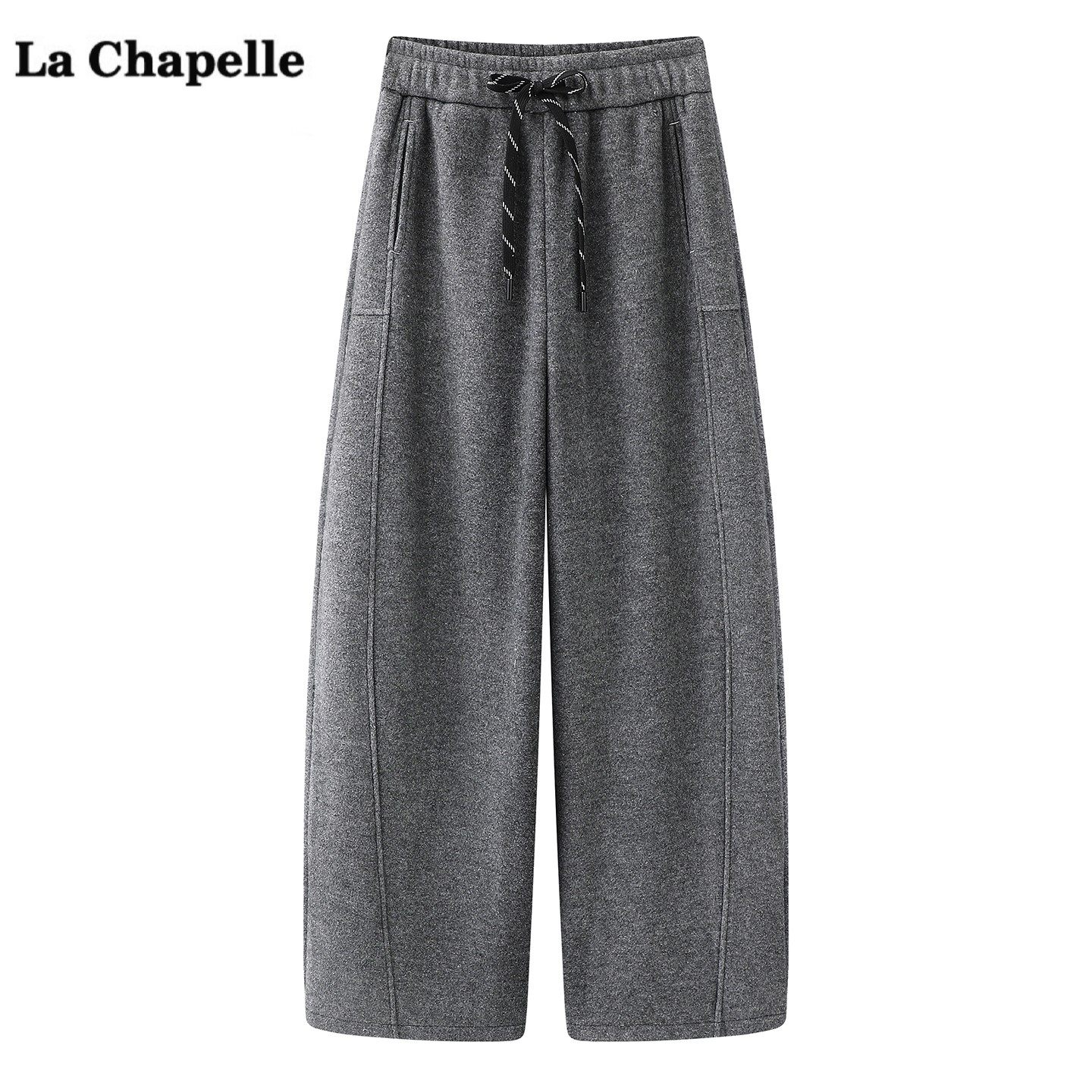 拉夏贝尔/La Chapelle高腰毛呢休闲裤女冬季新款宽松显瘦弯刀裤