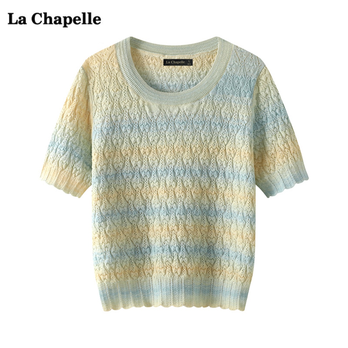 拉夏贝尔/La Chapelle镂空渐变色针织衫女夏新款正肩短袖t恤上衣