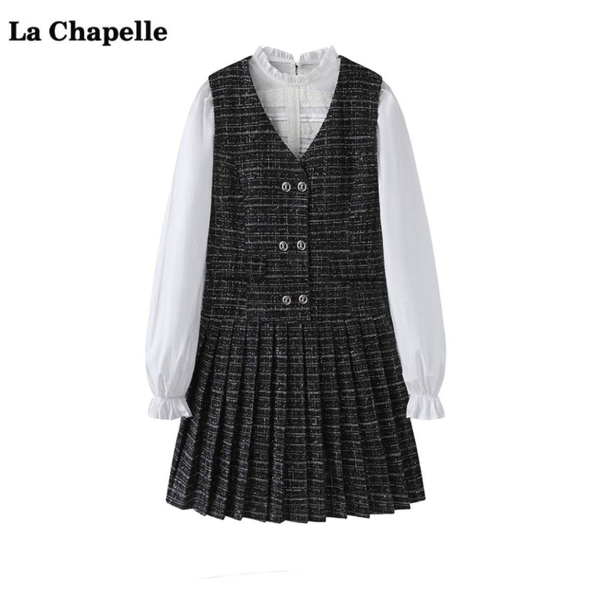 拉夏贝尔/La Chapelle长袖衬衫背心裙两件套女春季新款套装连衣裙