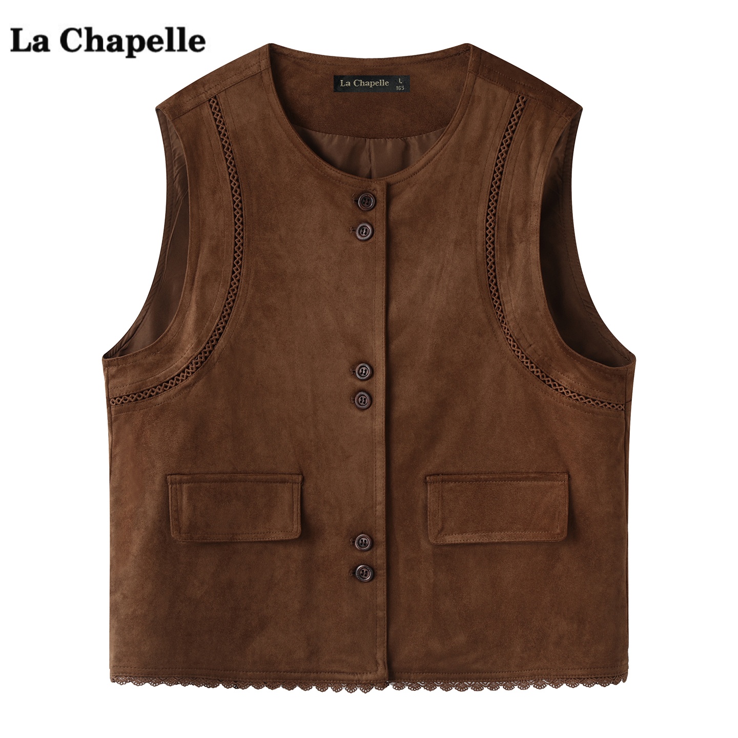 拉夏贝尔/La Chapelle复古麂皮绒马甲背心女秋冬季新款外搭上衣