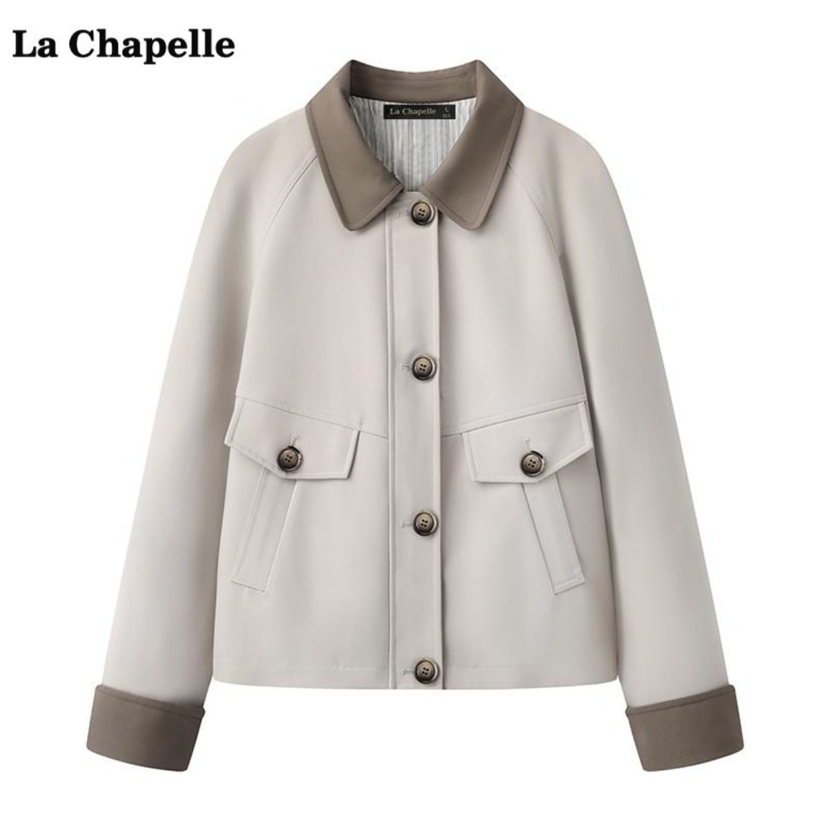 拉夏贝尔/La Chapelle撞色翻领风衣外套女春季新款减龄显瘦上衣