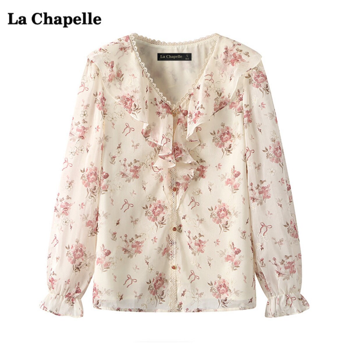 拉夏贝尔/la chapelle秋季新款别致v领碎花衬衫女长袖雪纺上衣