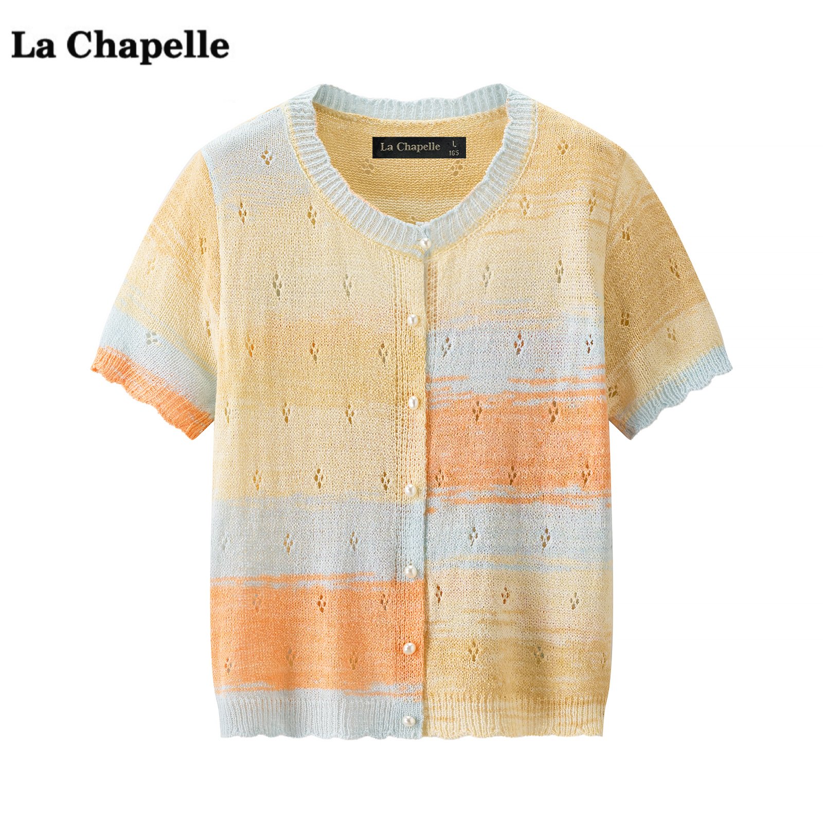 拉夏贝尔/La Chapelle高级感拼色短袖针织开衫女夏季别致显瘦上衣