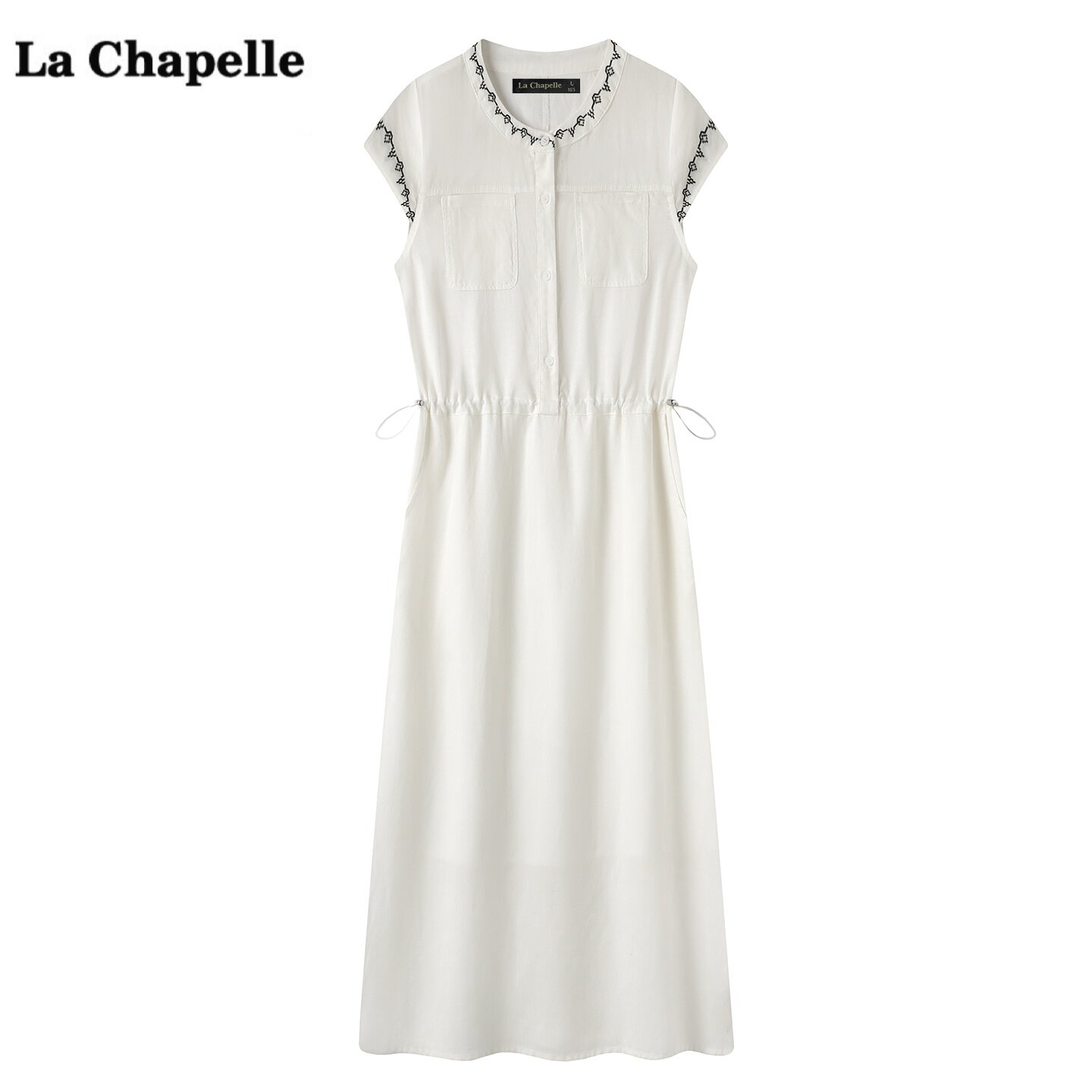 拉夏贝尔/La Chapelle气质圆领刺绣连衣裙女夏季抽绳收腰A字裙子