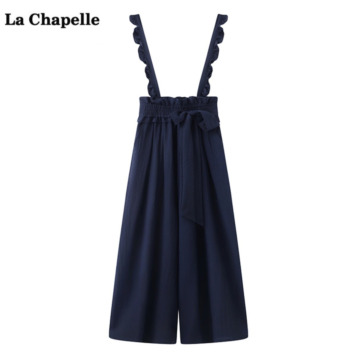 拉夏贝尔/La Chapelle藏蓝色荷叶边背带裤女夏季新款薄款直筒裤子
