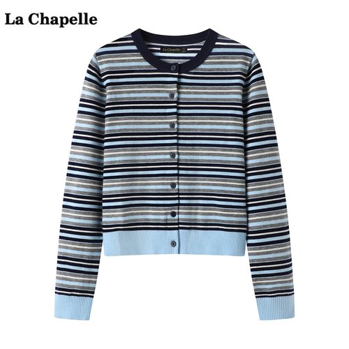 拉夏贝尔/La Chapelle通勤条纹针织开衫女秋季新款减龄毛衣上衣