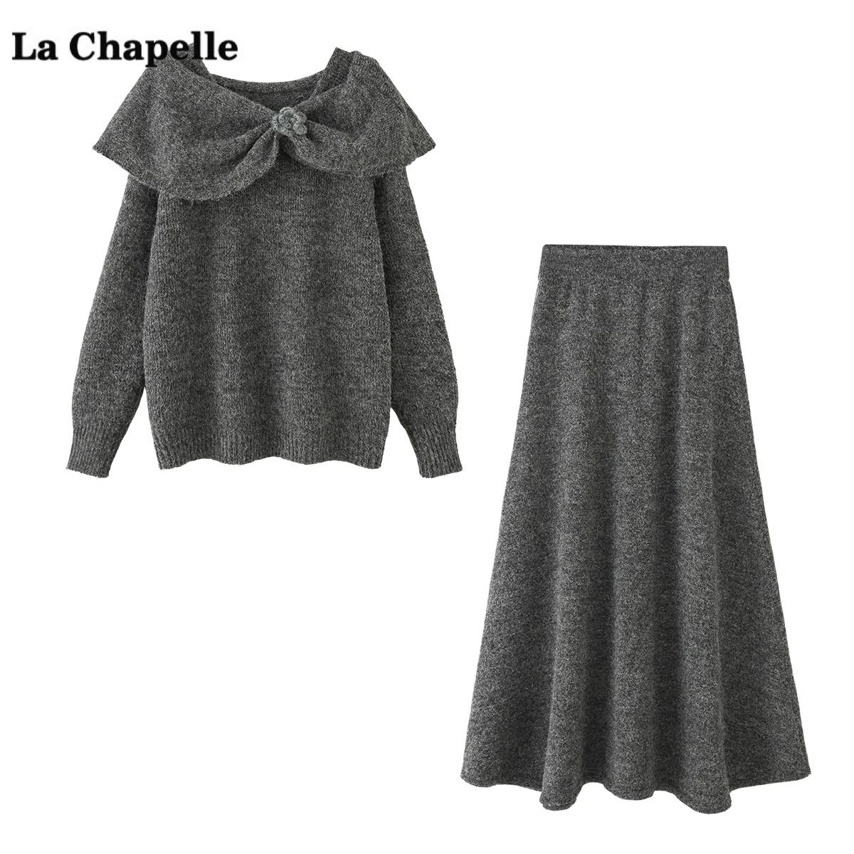 拉夏贝尔/La Chapelle设计感针织衫半身裙两件套女冬新款时尚套装