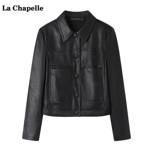 拉夏贝尔/La Chapelle复古短款皮衣外套女秋季新款长袖夹克上衣