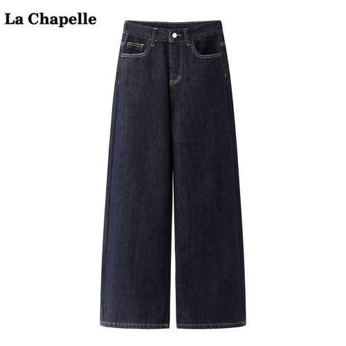 拉夏贝尔/La Chapelle复古高腰加绒牛仔裤女冬新款显瘦直筒阔腿裤