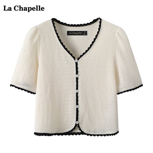 拉夏贝尔/La Chapelle设计感V领短袖T恤女夏新款气质泡泡袖上衣