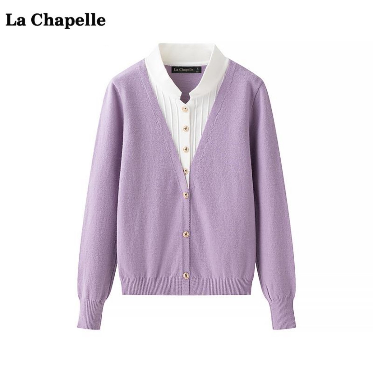 拉夏贝尔/La Chapelle设计感假两件针织衫女春季新款洋气V领上衣