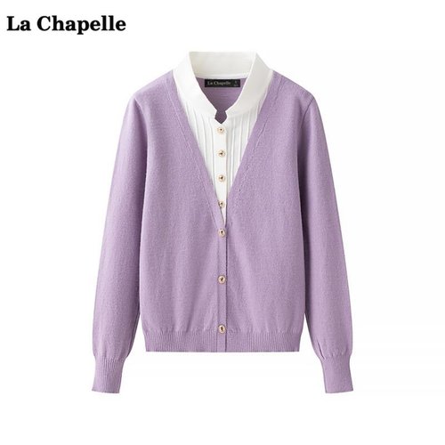拉夏贝尔/La Chapelle设计感假两件针织衫女春季新款洋气V领上衣