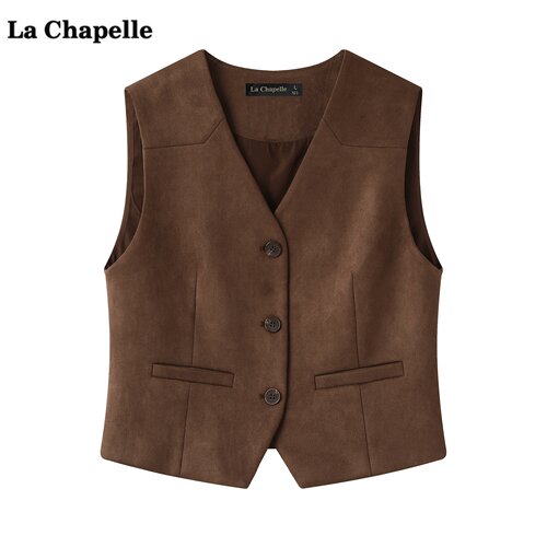 拉夏贝尔/La Chapelle咖色麂皮绒背心马甲女秋季新款外搭坎肩上衣