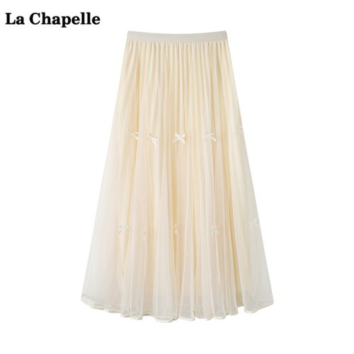 拉夏贝尔/La Chapelle蝴蝶结网纱半身裙女秋冬高腰中长款A字裙子
