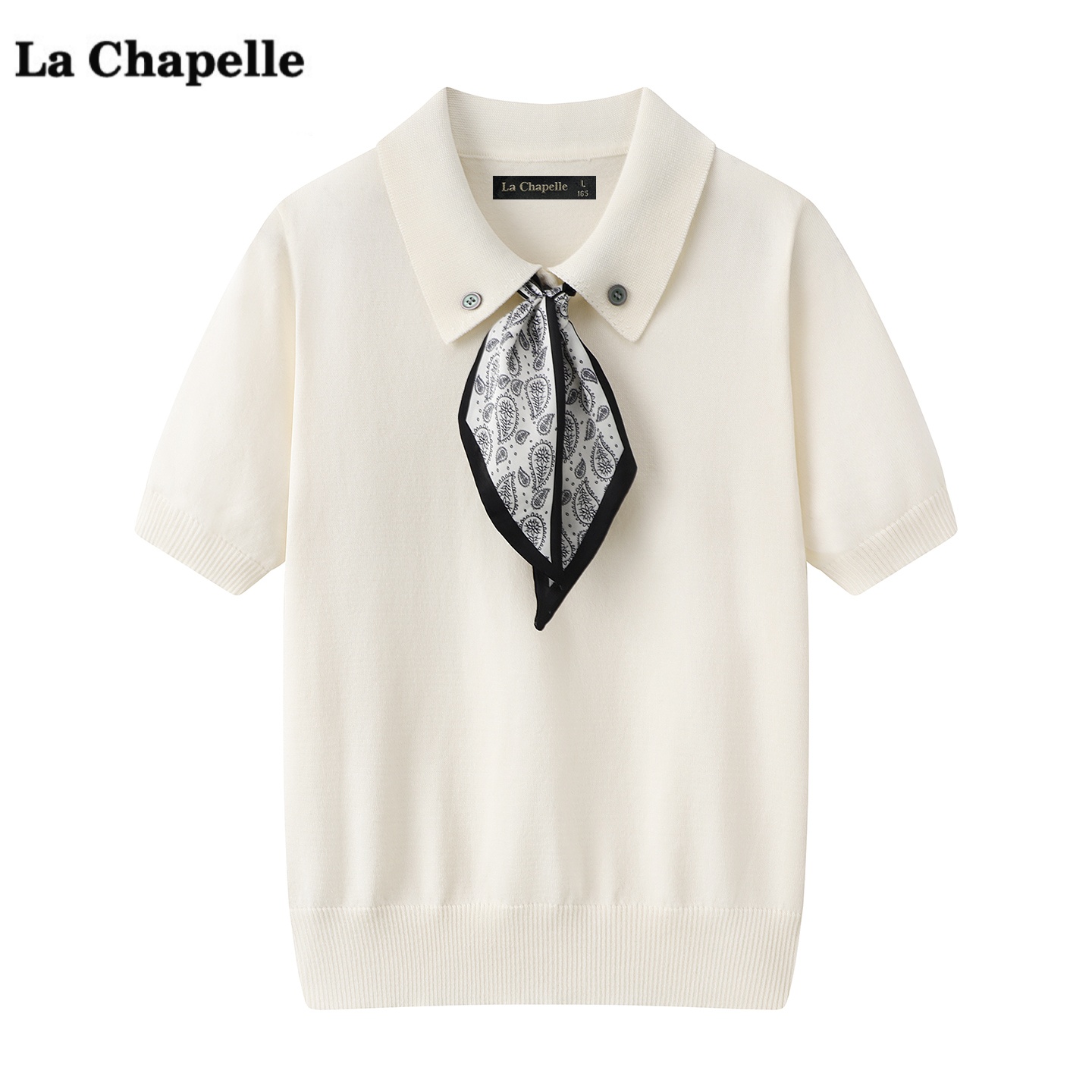 拉夏贝尔/La Chapelle高级感丝巾短袖针织衫女夏新款别致显瘦上衣